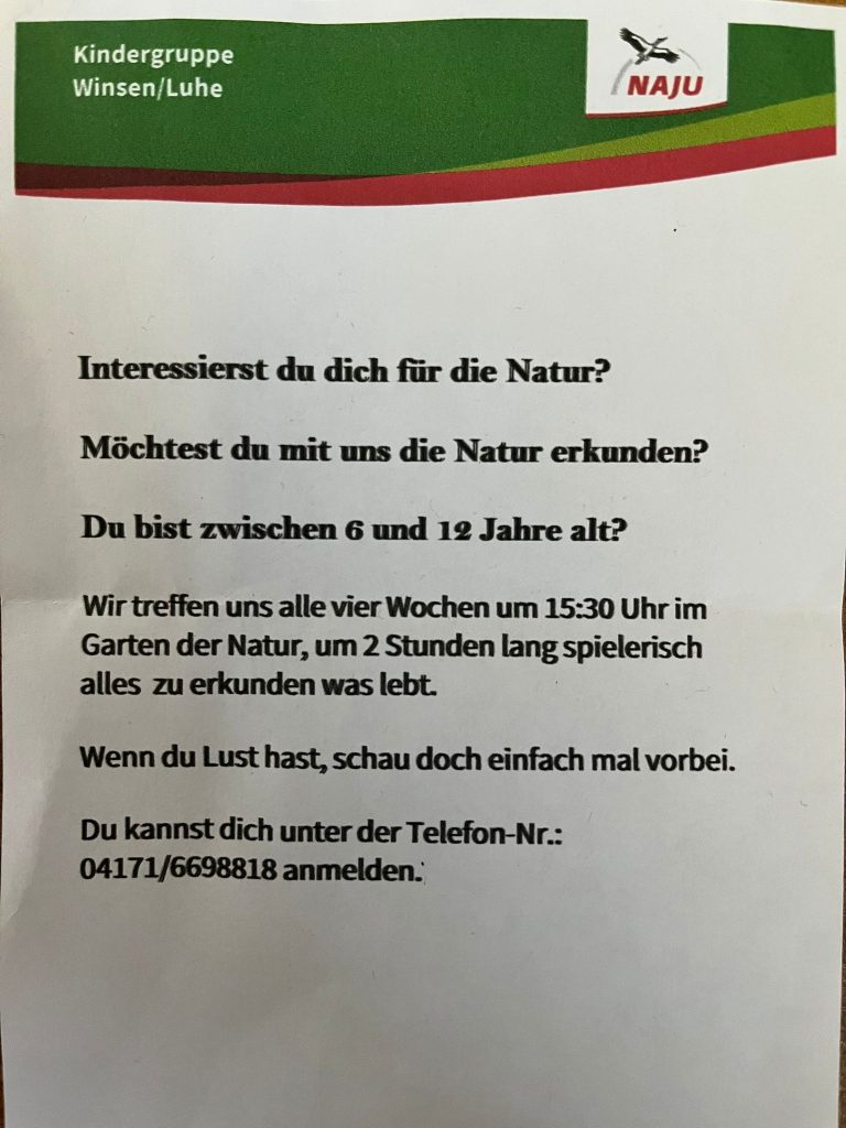 Der NAJU für 6-12 Jährige trifft sich alle 4 Wochen um 2 Stunden lang die Natur zu erkunden.